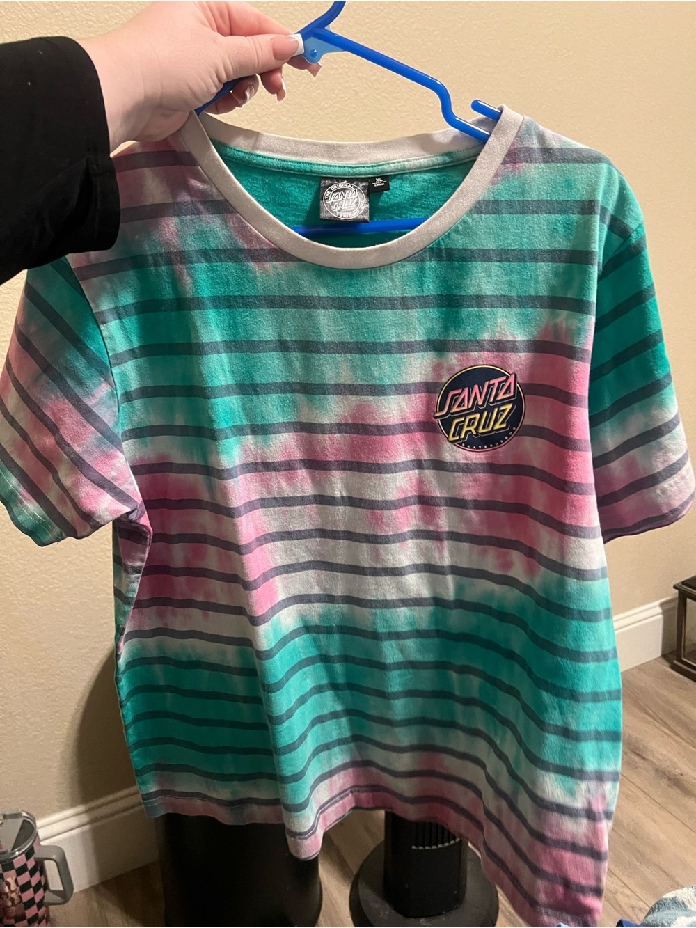 Santa Cruz Skateboards Striped Tee in Teal, Pink & White
